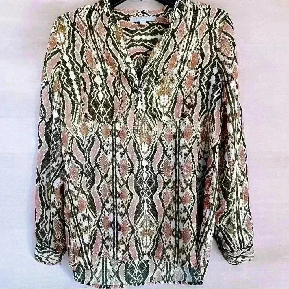 NY Collection Women’s Snakeskin Design Pink Brown Long Sleeve Sheer Button Up S